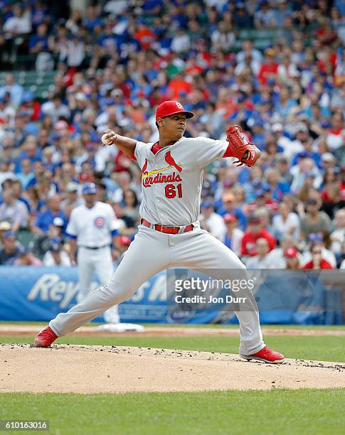 Alex Reyes of the St. Louis Cardinals pitches against the Chicago Cubs during the first inning at Wrigley Field on September 24, 2016 in Chicago,...