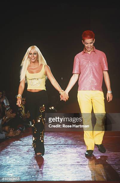 Italian fashion designer Donatella Versace appears on the catwalk after the Versus by Versace Spring 2000 fashion show at New York's Roseland, 12th...