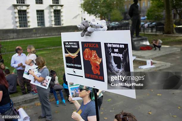 Anti-Ivory trade protest in London on 24 September 2016. Hundreds of protesters gather outside Downing street in London to call for a total ban on...