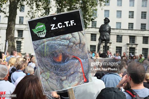 Anti-Ivory trade protest in London on 24 September 2016. Hundreds of protesters gather outside Downing street in London to call for a total ban on...