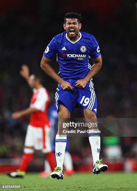 Diego Costa of Chelsea shows his frustration during the Premier League match between Arsenal and Chelsea at the Emirates Stadium on September 24,...
