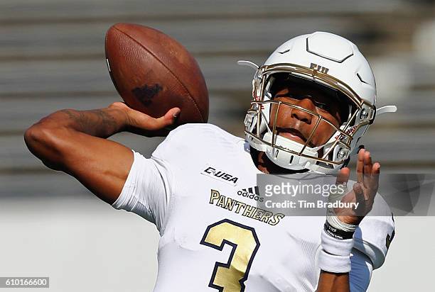 Maurice Alexander of the FIU Golden Panthers warms up before the game against the Massachusetts Minutemen at Warren McGuirk Alumni Stadium on...