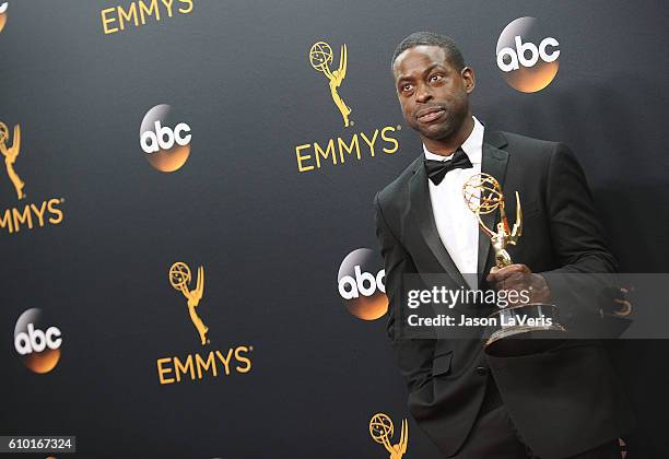 Actor Sterling K. Brown poses in the press room at the 68th annual Primetime Emmy Awards at Microsoft Theater on September 18, 2016 in Los Angeles,...