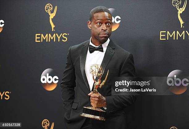 Actor Sterling K. Brown poses in the press room at the 68th annual Primetime Emmy Awards at Microsoft Theater on September 18, 2016 in Los Angeles,...