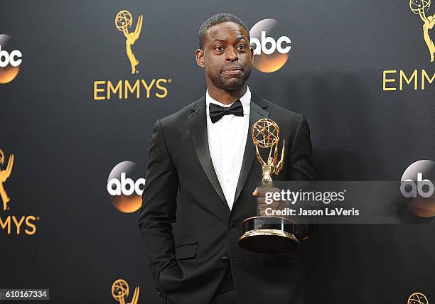 Actor Sterling K. Brown poses in the press room at the 68th annual Primetime Emmy Awards at Microsoft Theater on September 18, 2016 in Los Angeles,...