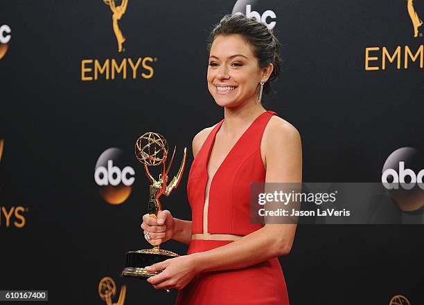 Actress Tatiana Maslany poses in the press room at the 68th annual Primetime Emmy Awards at Microsoft Theater on September 18, 2016 in Los Angeles,...