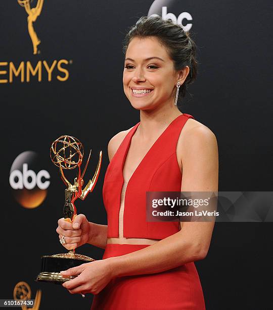 Actress Tatiana Maslany poses in the press room at the 68th annual Primetime Emmy Awards at Microsoft Theater on September 18, 2016 in Los Angeles,...