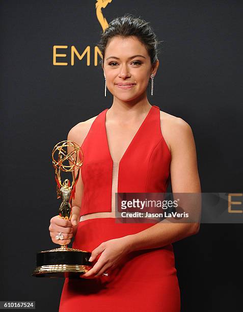 Actress Tatiana Maslany poses in the press room at the 68th annual Primetime Emmy Awards at Microsoft Theater on September 18, 2016 in Los Angeles,...