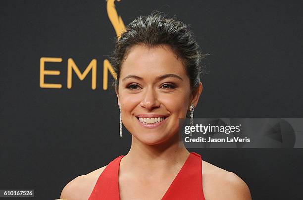 Actress Tatiana Maslany poses in the press room at the 68th annual Primetime Emmy Awards at Microsoft Theater on September 18, 2016 in Los Angeles,...