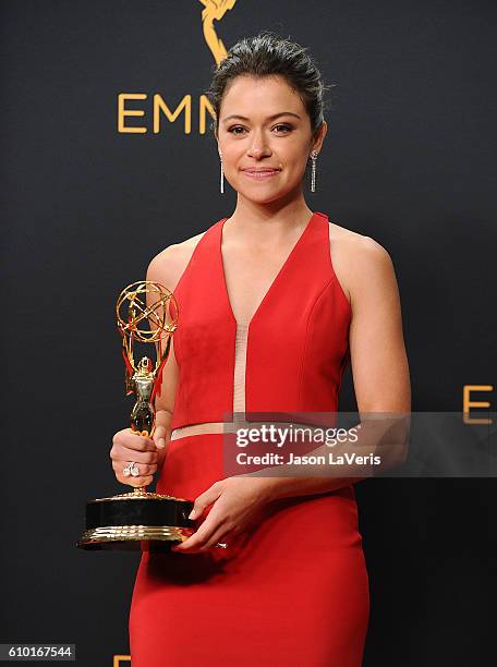 Actress Tatiana Maslany poses in the press room at the 68th annual Primetime Emmy Awards at Microsoft Theater on September 18, 2016 in Los Angeles,...