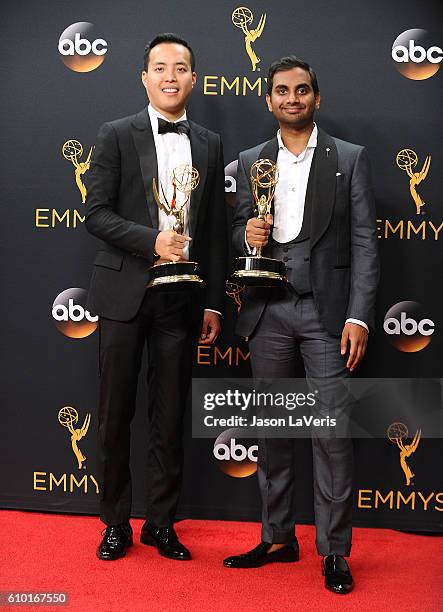 Alan Yang and Aziz Ansari pose in the press room at the 68th annual Primetime Emmy Awards at Microsoft Theater on September 18, 2016 in Los Angeles,...