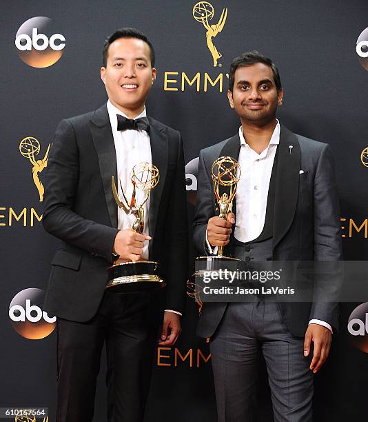 Alan Yang and Aziz Ansari pose in the press room at the 68th annual Primetime Emmy Awards at Microsoft Theater on September 18, 2016 in Los Angeles,...