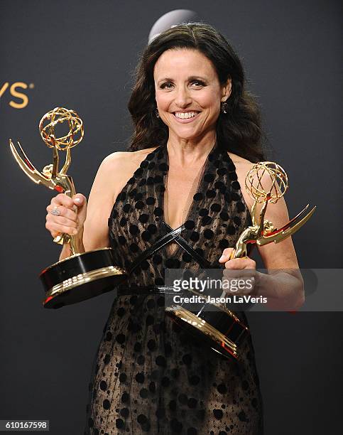 Actress Julia Louis-Dreyfus poses in the press room at the 68th annual Primetime Emmy Awards at Microsoft Theater on September 18, 2016 in Los...