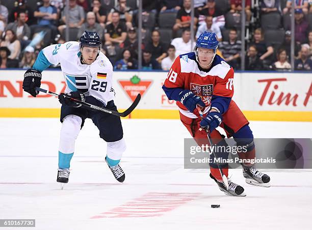 Ondrej Palat of Team Czech Republic stickhandles the puck with Leon Draisaitl of Team Europe chasing during the World Cup of Hockey 2016 at Air...