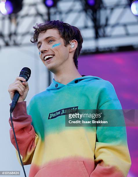 Recording artist/actor Troye Sivan performs onstage during the 2016 Daytime Village at the iHeartRadio Music Festival at the Las Vegas Village on...