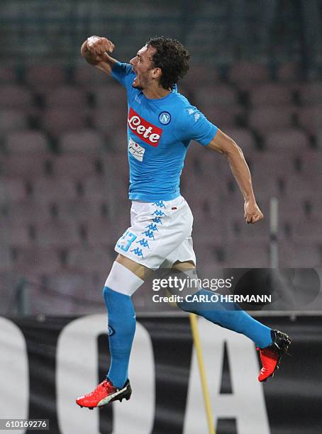 Napoli's Italian forward Manolo Gabbiadini celebrates after scoring a goal during the Italian Serie A football match SSC Napoli vs AC Chievo Verona...