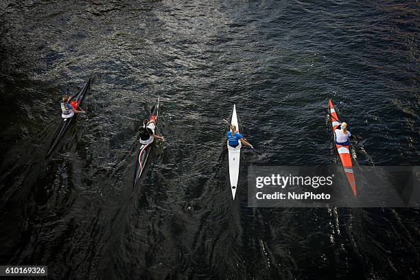 Male and female rowers are seen competing on the Brda river in Bydgoszcz, Poland, on September 24 2016 . Teams from Europe including from German and...