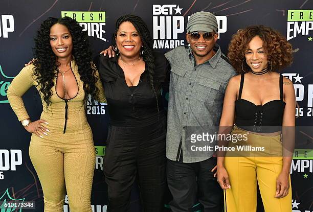 Heather Gardner, Sway Calloway and Tracy Garraud attend the BET Hip Hop Awards 2016 Green Carpet at Cobb Energy Performing Arts Center on September...