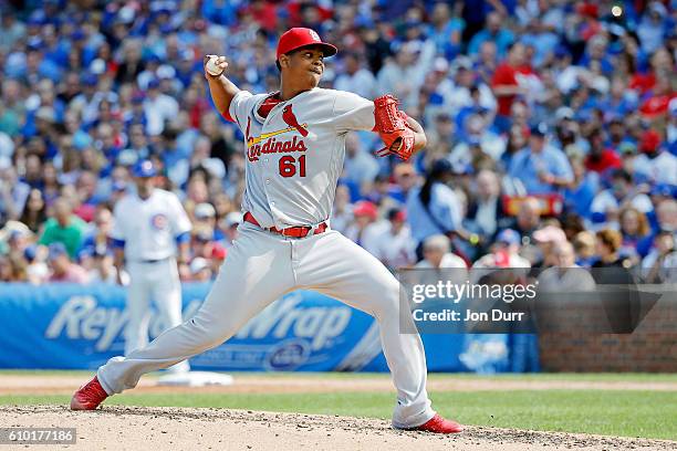 Alex Reyes of the St. Louis Cardinals against the Chicago Cubs during the fifth inning at Wrigley Field on September 24, 2016 in Chicago, Illinois.