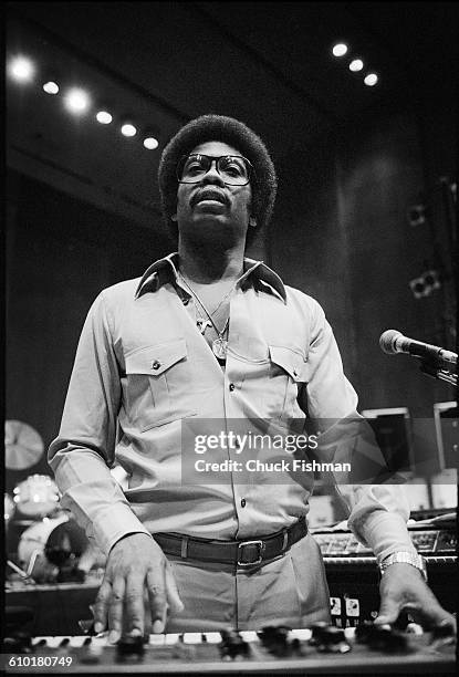 American Jazz musician Herbie Hancock plays keyboards during a rehearsal at Avery Fisher Hall, New York, New York, June 1978. The rehearsals, with...