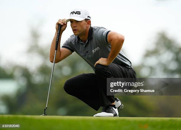 Luke Guthrie reads a putt on the first green during the third round of the Web.com Tour Nationwide Children's Hospital Championship at The Ohio State...