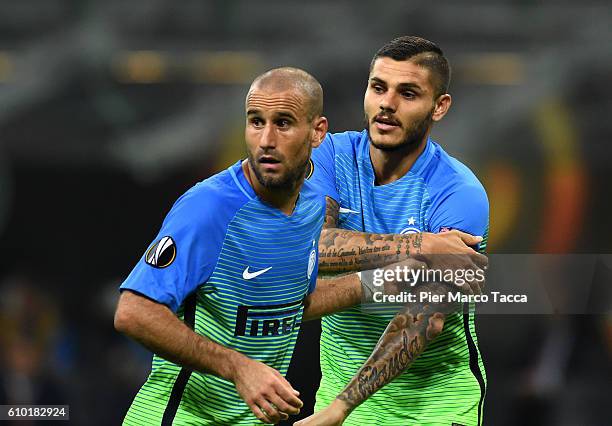 Rodrigo Palacio and Mauro Icardi of FC Internazionale look during the UEFA Europa League match between FC Internazionale Milano and Hapoel Beer-Sheva...