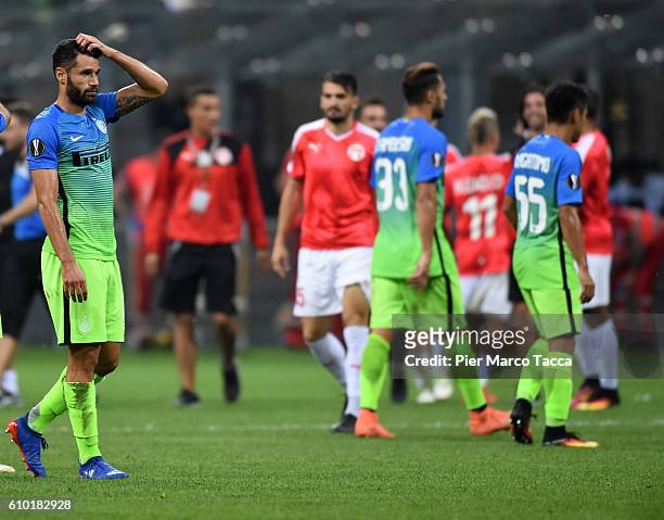 Antonio Candreva of FC Internazionale gestures during the UEFA Europa League match between FC Internazionale Milano and Hapoel Beer-Sheva FC at...