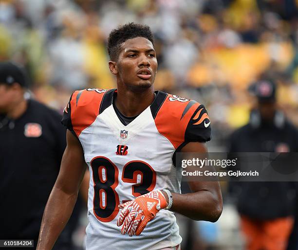 Wide receiver Tyler Boyd of the Cincinnati Bengals looks on from the field during a game against the Pittsburgh Steelers at Heinz Field on September...