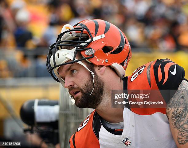 Defensive lineman Margus Hunt of the Cincinnati Bengals looks on from the sideline during a game against the Pittsburgh Steelers at Heinz Field on...