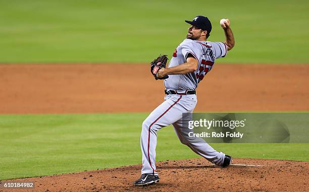 Josh Collmenter of the Atlanta Braves pitches during the game against the Miami Marlins at Marlins Park on September 22, 2016 in Miami, Florida.