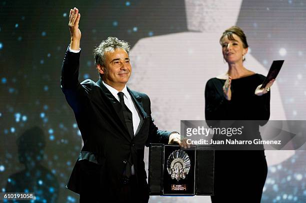 Eduard Fernandez receives Silver Shell Award for Best Actor for the film 'El Hombre De Las Mil Caras' during the closing ceremony of 64th San...