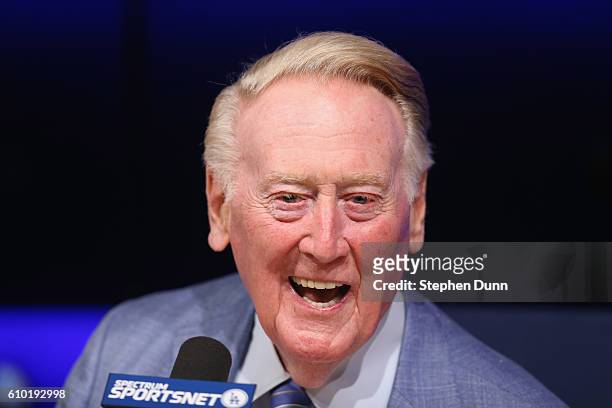 Long time Los Angeles Dodgers announcer Vin Scully speaks at a press conference discussing his career upcoming retirement at Dodger Stadium on...