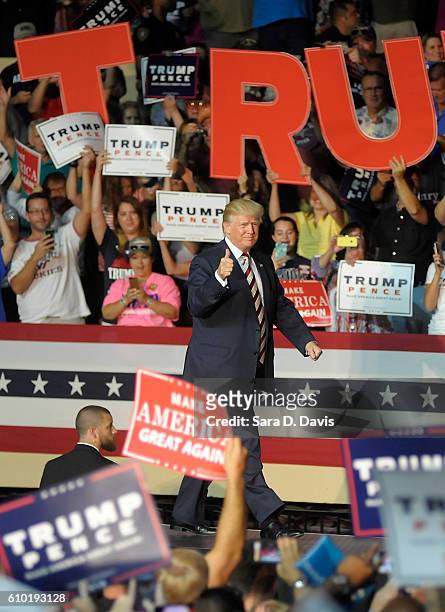 Republican presidential nominee Donald Trump enters a campaign event at the Berglund Center on September 24, 2016 in Roanoke, Virginia. Trump spoke...