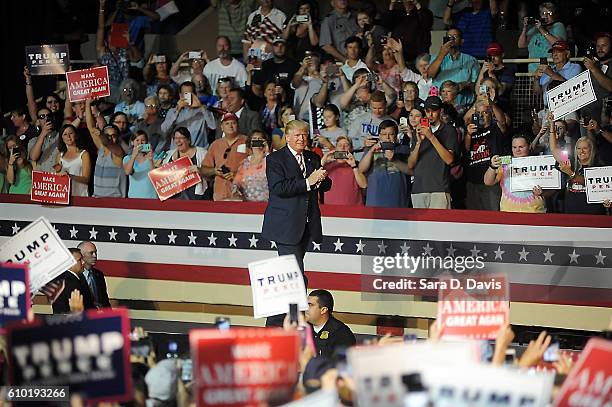 Republican presidential nominee Donald Trump enters a campaign event at the Berglund Center on September 24, 2016 in Roanoke, Virginia. Trump spoke...