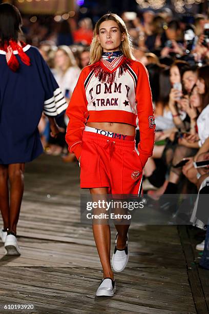 Model walks the runway at the Tommy Hilfiger Women's show at Pier 19 on September 9, 2016 in New York City.