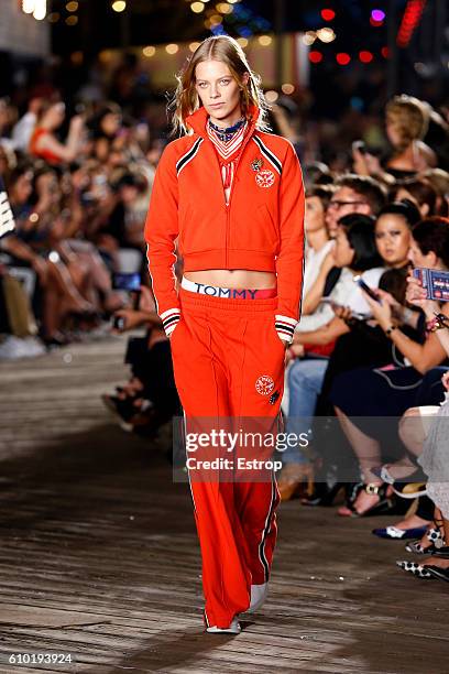 Model walks the runway at the Tommy Hilfiger Women's show at Pier 19 on September 9, 2016 in New York City.