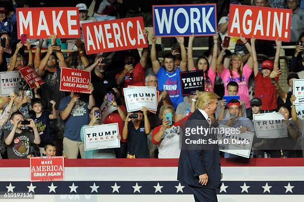 Republican presidential nominee Donald Trump enters a campaign event at the Berglund Center on September 24, 2016 in Roanoke, Virginia. Trump spoke...