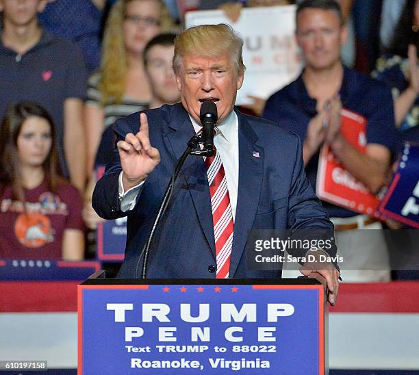 Republican presidential nominee Donald Trump speaks at a campaign event at the Berglund Center on September 24, 2016 in Roanoke, Virginia. Trump...