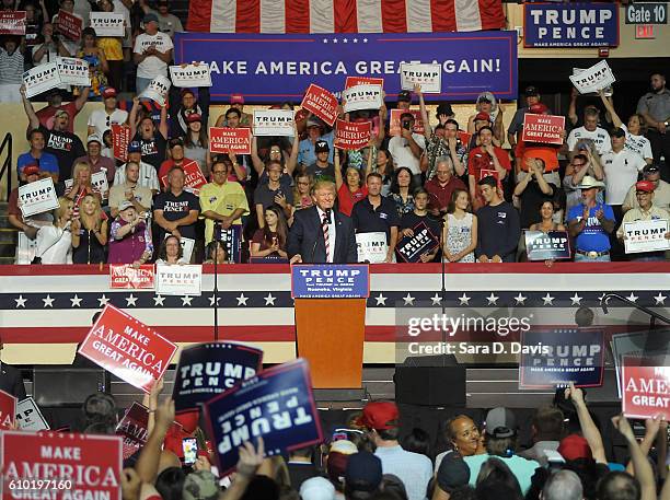 Republican presidential nominee Donald Trump speaks at a campaign event at the Berglund Center on September 24, 2016 in Roanoke, Virginia. Trump...