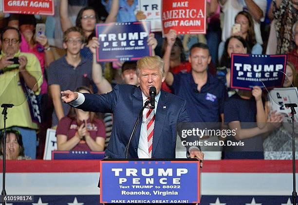 Republican presidential nominee Donald Trump speaks during a campaign event at the Berglund Center on September 24, 2016 in Roanoke, Virginia. Trump...