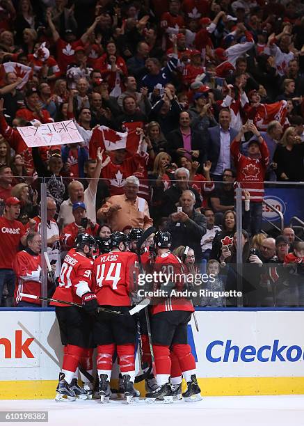 Team Canada celebrates after a first period goal on Team Russia at the semifinal game during the World Cup of Hockey 2016 tournament at the Air...