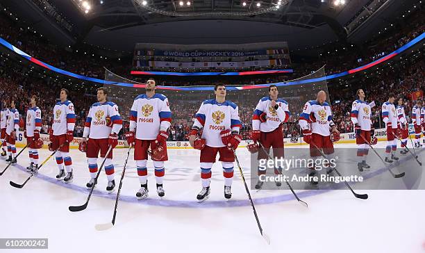 Team Russia lines up prior to the game against Team Canada at the semifinal game during the World Cup of Hockey 2016 tournament at the Air Canada...