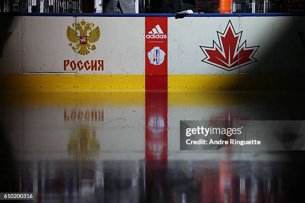 Rink board signage prior to the game before Team Russia takes on Team Canada at the semifinal game during the World Cup of Hockey 2016 tournament at...