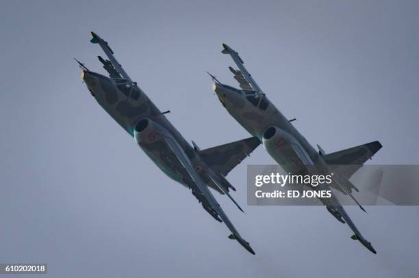 This photo taken on September 24, 2016 shows Sukhoi SU-25 aircraft performing during the first Wonsan Friendship Air Festival in Wonsan. Just weeks...