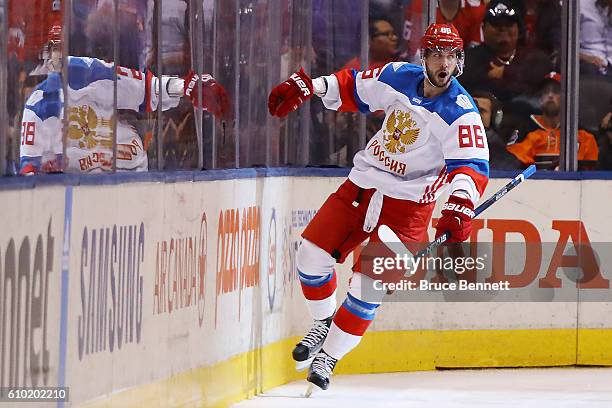 Nikita Kucherov of Team Russia celebrates his second period goal against Team Canada at the semifinal game during the World Cup of Hockey tournament...