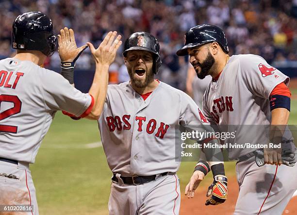 Dustin Pedroia of the Boston Red Sox is congratulated by Sandy Leon and Brock Holt after a grand slam against the Tampa Bay Rays in the seventh...