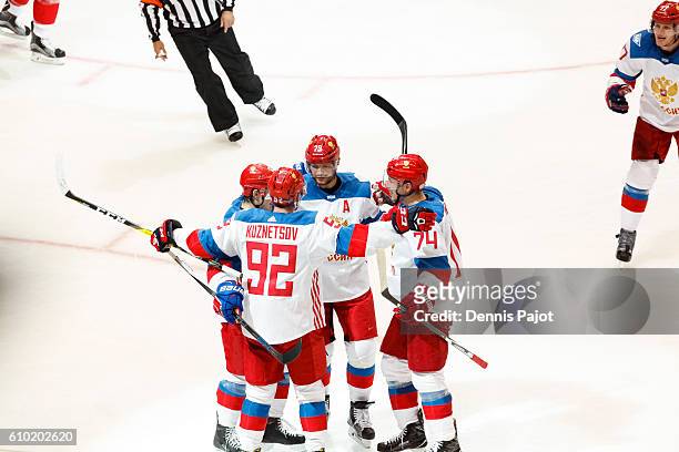 Team Russia celebrates Evgeny Kuznetsov second period goal against Team Canada during the World Cup of Hockey at the semifinal game during the World...