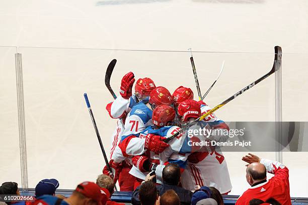 Team Russia celebrates Nikita Kucherov second period goal against Team Canada during the World Cup of Hockey at the semifinal game during the World...