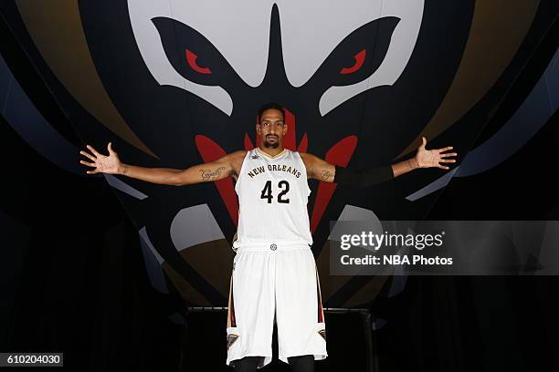 Alexis Ajinca of the New Orleans Pelicans poses for a portrait during the 2016-2017 NBA Media Day on September 23, 2016 at the Smoothie King Center...