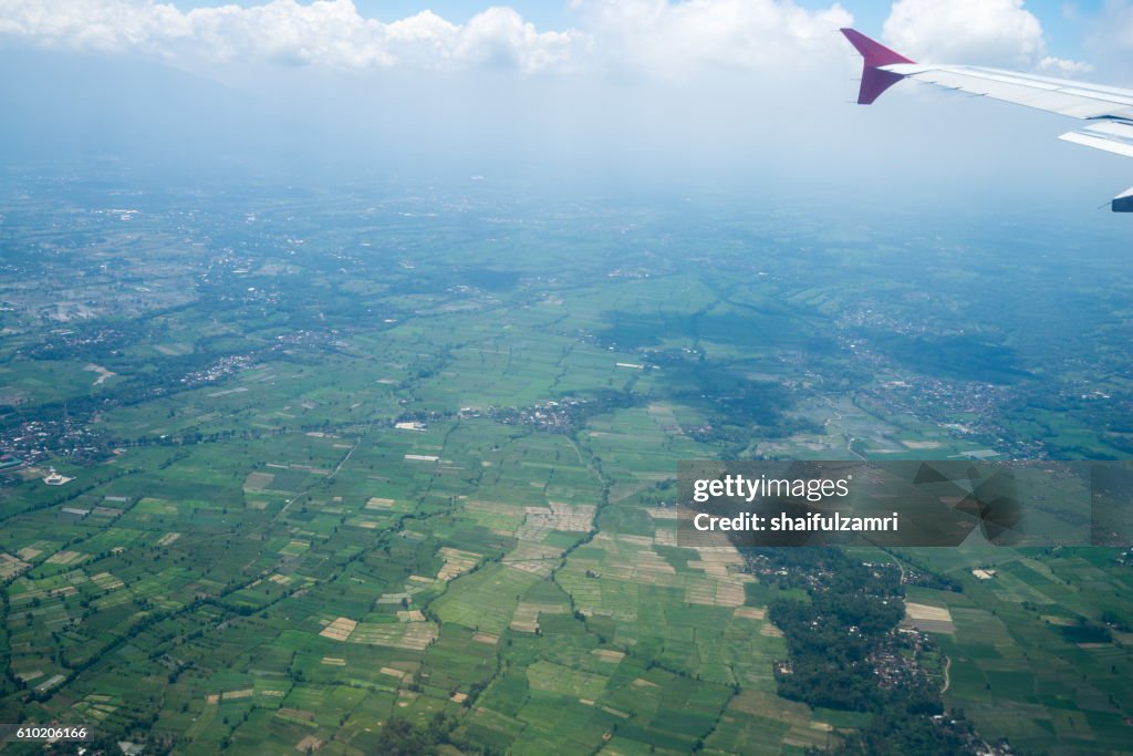 View from a jet plane window over Lombok island, Indonesia